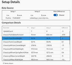 irSetupDiffer screenshot showing setup comparison