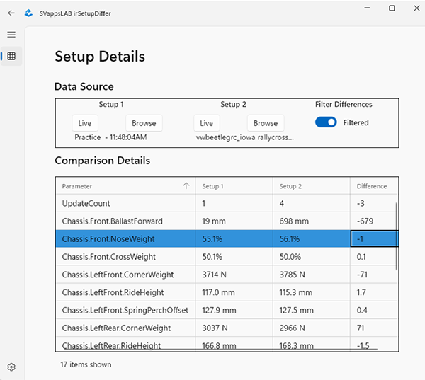 irSetupDiffer comparison view
