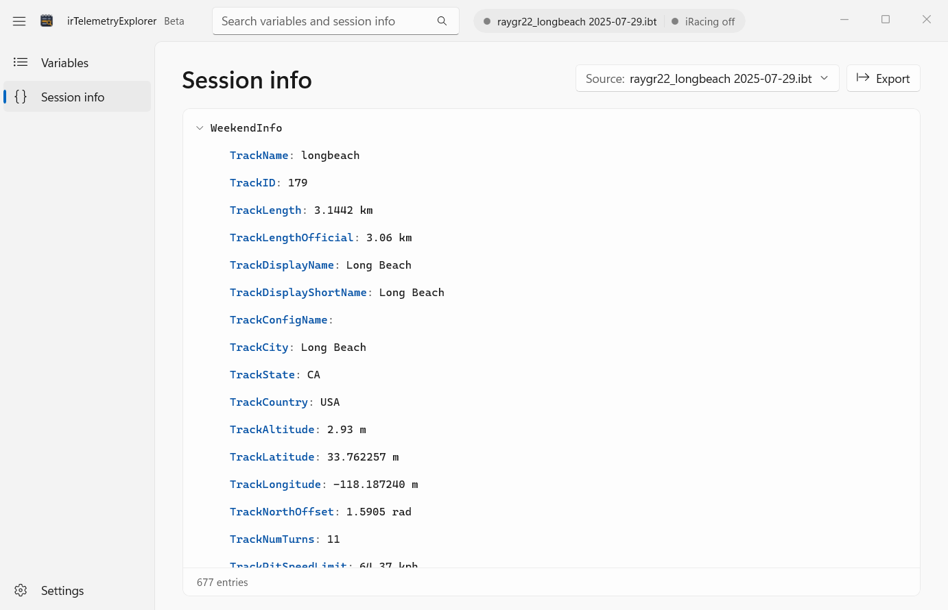 irTelemetryExplorer Session info page showing the WeekendInfo section for Long Beach, with track name, length, location, and turn count