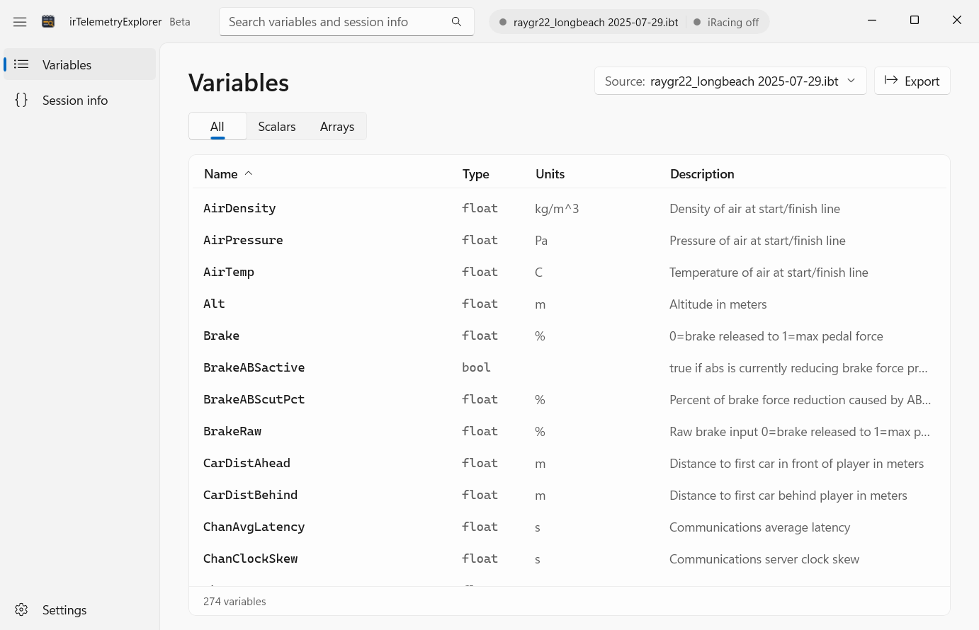 irTelemetryExplorer Variables page listing iRacing telemetry variables such as AirDensity, Brake, and BrakeABSactive with their type, units, and description